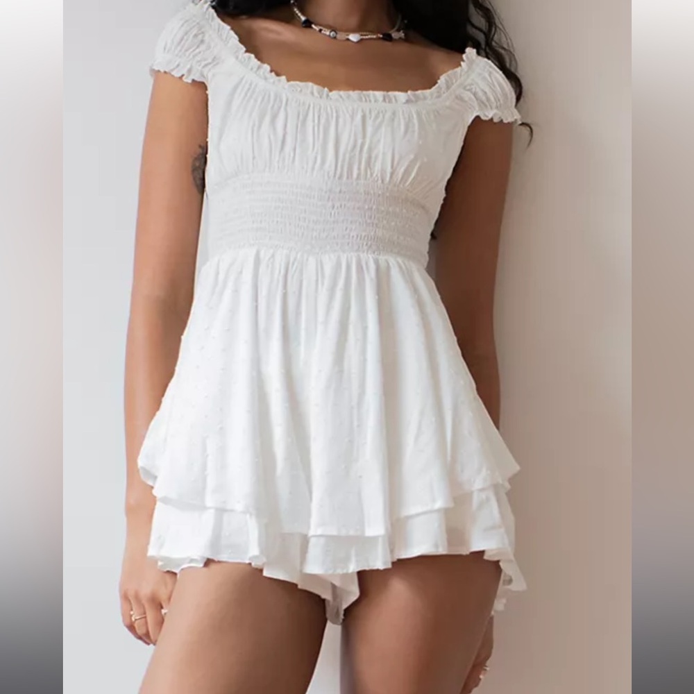 Urban Outfitters Rosie Smocked Tiered Ruffle Romper white